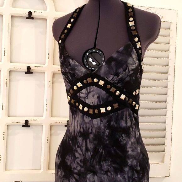 Bebe XS Black & Grey Embellished Tie-dye gown - Picture 2 of 9